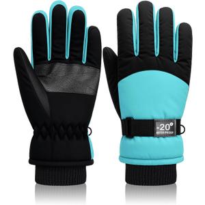 Geyoga Kids Waterproof Winter Snow Ski Gloves for Boy Girl Outdoor Warm Thickening Snowboard Gloves (8-12 Years, Blue Green)