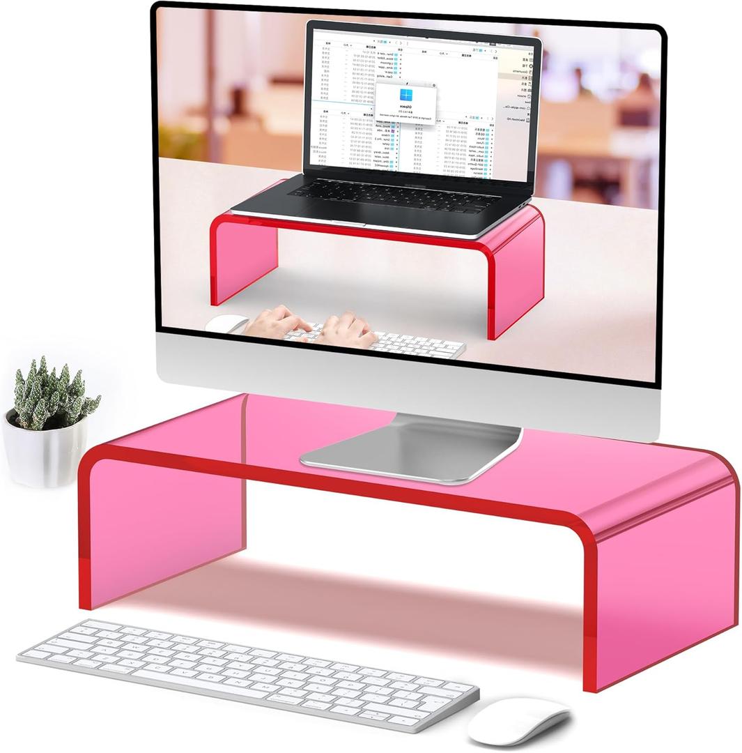Acrylic Monitor Stand Riser Acrylic Laptop Stand for Desk Clear Computer Monitor Stand for Desk Accessories iMac Organizer Office Must-Haves Product for Working from Home Bright Pink