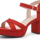 Shoe Land Platform Heels for Women  3 Inch Chunky Block Heeled Sandals, Square Open Toe, Ankle Strap Dressy Strappy High Heels for Wedding, Party & Evening Events (8.5, Red)