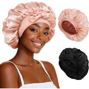 Silk Hair Bonnet with Strap for Sleeping, Double-Layer Satin Sleep Cap for Women, Soft Lining for Curly and Natural Hair (Black/Blush)