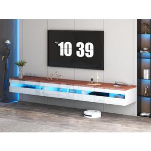 Floating TV Stand | 94.5'' Long Wall Mounted TV Shelf with Power Outlet, Modern Wooden Entertainment Center Media Console with Storage, High Gloss Large TV Cabinet, Up to 100 Inch TVS (Walnut+white)