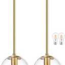Bagood 8" Globe Pendant Light Gold 2 Pack Mid Century Pendant Light Globe Pendant Lights Kitchen Island Brushed Brass Finished with Clear Glass Adjustable Ceiling Light Fixtures for Dining Room Bar