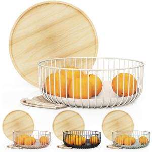 Fruit Basket for Kitchen - Multi-Purpose Stackable Basket with Wooden Lid - Powder Coated Metal and Rubber Wood - Wire Baskets for Organizing - Minimal Design - 4.5x11.4x11.4 - Warm Gray