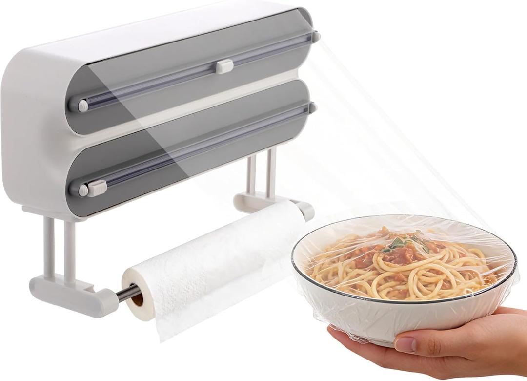 Magnetic Wrap Dispenser with Cutter, 3-in-1 Kitchen Roll Holder | Fits plastic wrap, foil and paper towels, metal-surface mounting, wall holes and sticker setup for flexible kitchen placement