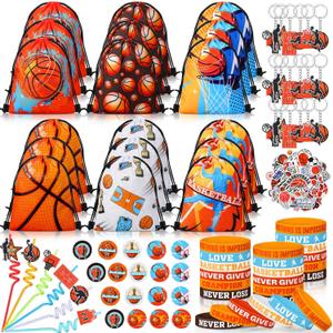 Sadnyy 140 Pcs Basketball Party Favors Birthday Party Decorations Supplies Basketball Drawstring Bags with Silicone Bracelets Keychains Straws Button Pins Stickers for Goodie Bags Stuffers