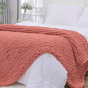 Bigacogo Chunky Knit Throw Blanket for Couch, 40x80 inches, 100% Hand Knitted with Thick Jumbo Chenille Yarn, Cozy Soft Large Rope Knot Cable Crochet Blankets for Sofa Bed Living Room, Antique Red