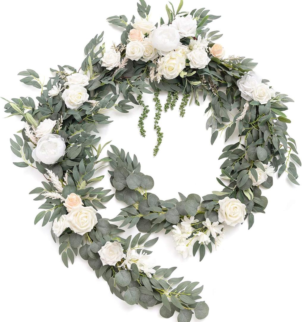 Ling's moment 9FT Spring Flower Garland for Backdrop Decorations - Wedding Arch Flowers, Eucalyptus & Rose, Artificial Floral Garland for Mantel - Sweetheart Table Decor for Reception, White & Sage 