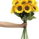 Laelfe Artificial Sunflower Flowers Long Stem Silk Fake Large Sunflowers Decoration for Outdoor Home Wedding Baby Shower Birthday Party Single Bulk Yellow Decor 6PCS (Dark Center)