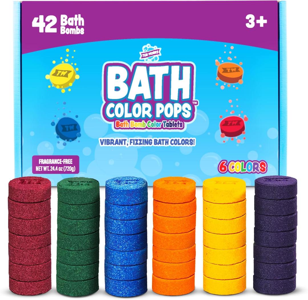 Tub Works Bath Color Pops Moisturizing Kids Bath Bombs, 42 Count | Bath Bomb Refills for Bath Color Brush | Nontoxic & Fragrance-Free | 6 Unique Colors | Fizzy, Vibrant Water Color Tablets