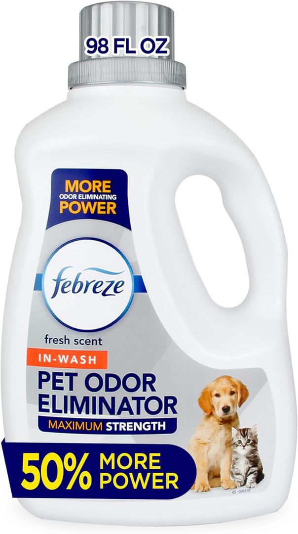 Febreze Laundry Detergent Additive for Pet Supplies, Maximum Strength In Wash Pet Odor Eliminator, Designed to Remove Tough Odors in Fabrics and Clothing in a Single Wash, Fresh Scent, 98 fl oz (98 Fl Oz (Pack of 1))