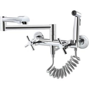 Wall Mount Kitchen Faucet with Side Sprayer, Commercial Pot Filler 8 Inch Center 2 Handles Folding Wall Mounted Faucet for Kitchen Sink, Polished Chrome