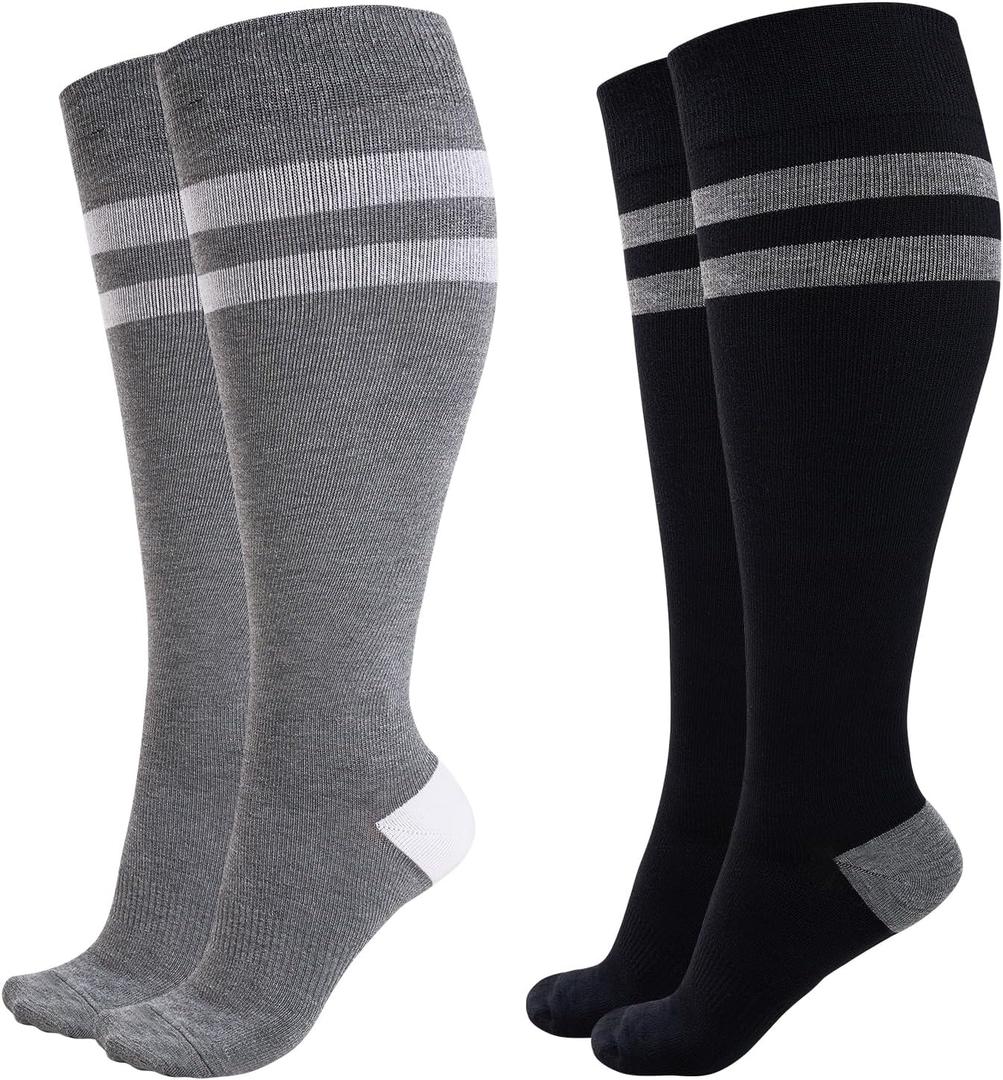 Momcozy Compression Socks for Women Wide Calf, 15-20mmHg Knee High Support Socks for Pregnancy, Nurses, Flying, Travel (3X-Large, Black/Dark Gray)