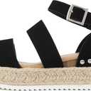 Soda Top Shoe Bryce Open Toe Buckle Ankle Strap Espadrilles Flatform Wedge Casual Sandal (7.5, Black)