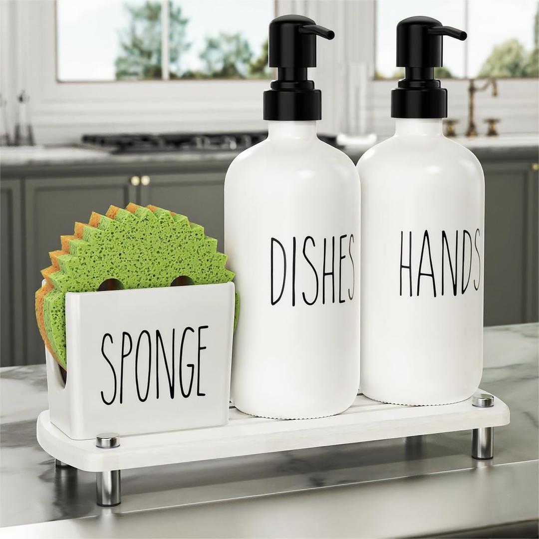 Cisily Kitchen Soap Dispenser Set Comes with Ceramics Sponge Holder, Gold Pumps, and Instant Dry Tray, Hand and Dish Soap Dispenser Set (4, Black + White + Sponge Holder)