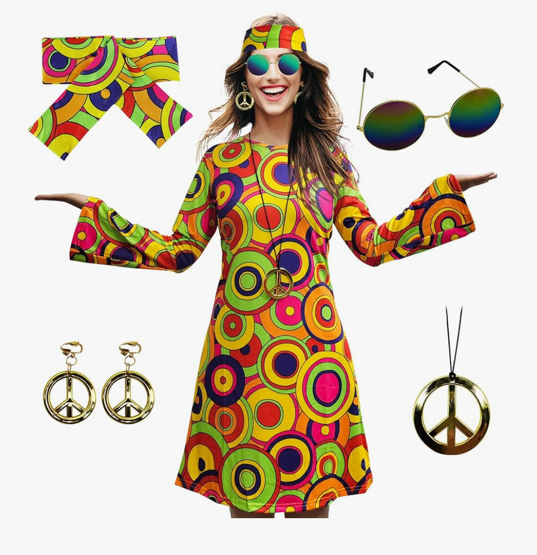 70s Hippie Dress Costumes Necklace Earrings Sunglass Women Disco Outfit, 60s Party Costume, Halloween Retro Dresses, S