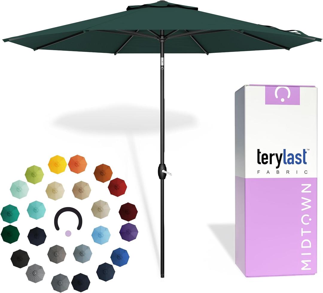 Midtown Umbrellas - 10-Year-No-Fade 8 Ft Patio Umbrella with Terylast Fabric, Auto-Tilt Aluminum Frame and 8 Reinforced Ribs for Deck, Pool, Garden & Beach - Forest Green Canopy, Black Pole