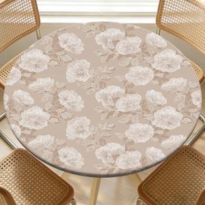 Round Fitted Table Cover with Elastic Fits 46"-50" Round Tables | Polyester Waterproof Stain-Resistant Wipeable Outdoor Tablecloth for Camping, Picnic, Dining, Indoor, 52"