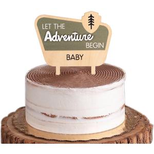 Let The Adventure Begin Baby Shower Cake Topper - Happy Camper Wooden Cake Topper,Natural Adventure Themed Decor,Baby Shower Decorations