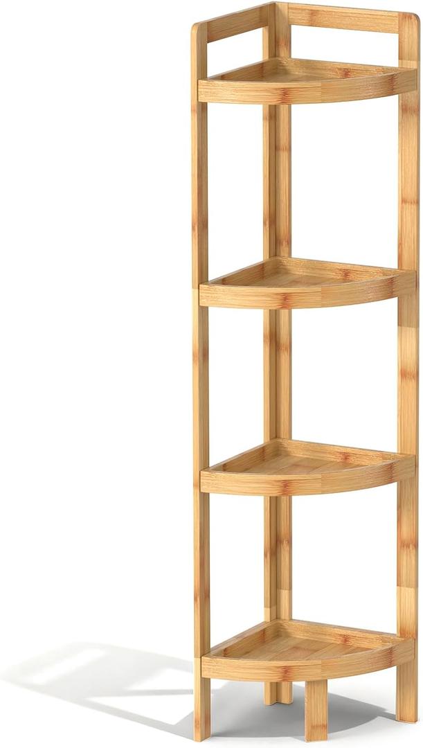 2026 New Bamboo Standing Shelf, 4 Tier Corner Shelf Stand, Free-Standing Shelf Units, Triangular Curved Corner Shelf Stand for Space-Saving Display Ideal for Bathroom/Kitchen/Living Room Storage