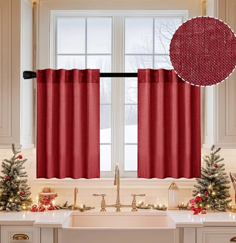 MIULEE Burgundy Red Kitchen Curtains 30 Inch Length 2 Panels, Soft Thick Linen Textured Semi Sheer Light Filtering Short Cafe Tier Curtains for Small Half Window Back Tab Rod Pocket Christmas Decor