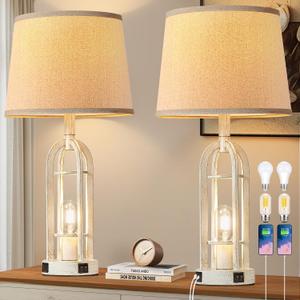 SRJJA Farmhouse Table Lamps for Living Room Set of 2 - Rustic Industrial Bedside Lamps for Bedroom Nightstand with Nightlight and USB A+C, 4 Bulbs Included