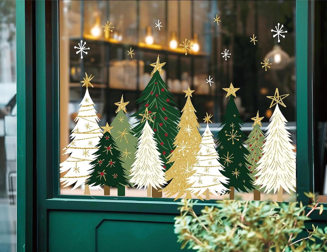 Whaline 9 Sheets Christmas Window Clings Window Decals White Green Gold Xmas Tree Snowflake Reusable Anti-Collision Windows Decor for Winter Home Glass Mirror Decor