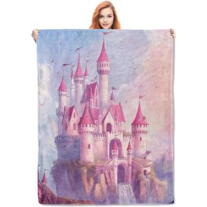 Pink Cartoon Castle Blanket,Cute Flannel Throw Blankets,Soft Warm Lightweight Cozy Plush Anime Throws for Bedroom Sofa Home Decor Gifts for Women Girls 50"x60" (Color208)