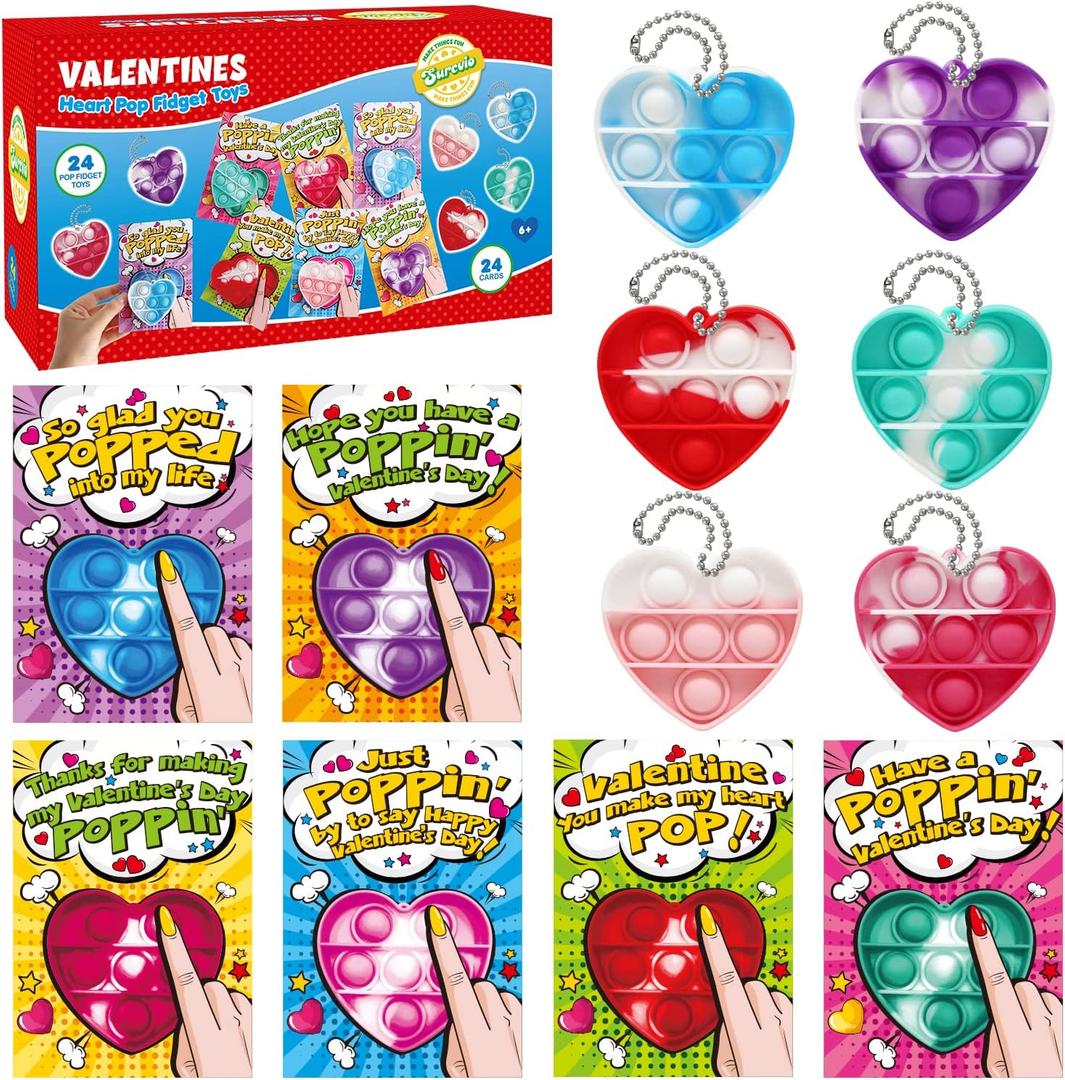 Valentine Day Gifts for Kids, 24 Pack Pop Fidget Heart-Shaped Mini Push Bubble Sensory it Fingertip Keychain Fidget Toys Decompression Valentines Classroom Party Favors Exchange Gifts for Kids