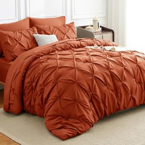 Pintuck Bed in a Bag, 7 Pieces Full Size Comforter Set Burnt Orange, Pinch Pleat Bed in a Bag, Soft All Season Bedding Sets with Comforter, Flat Sheet, Fitted Sheet and Pillowcases & Shams,  Burnt Orange, Full