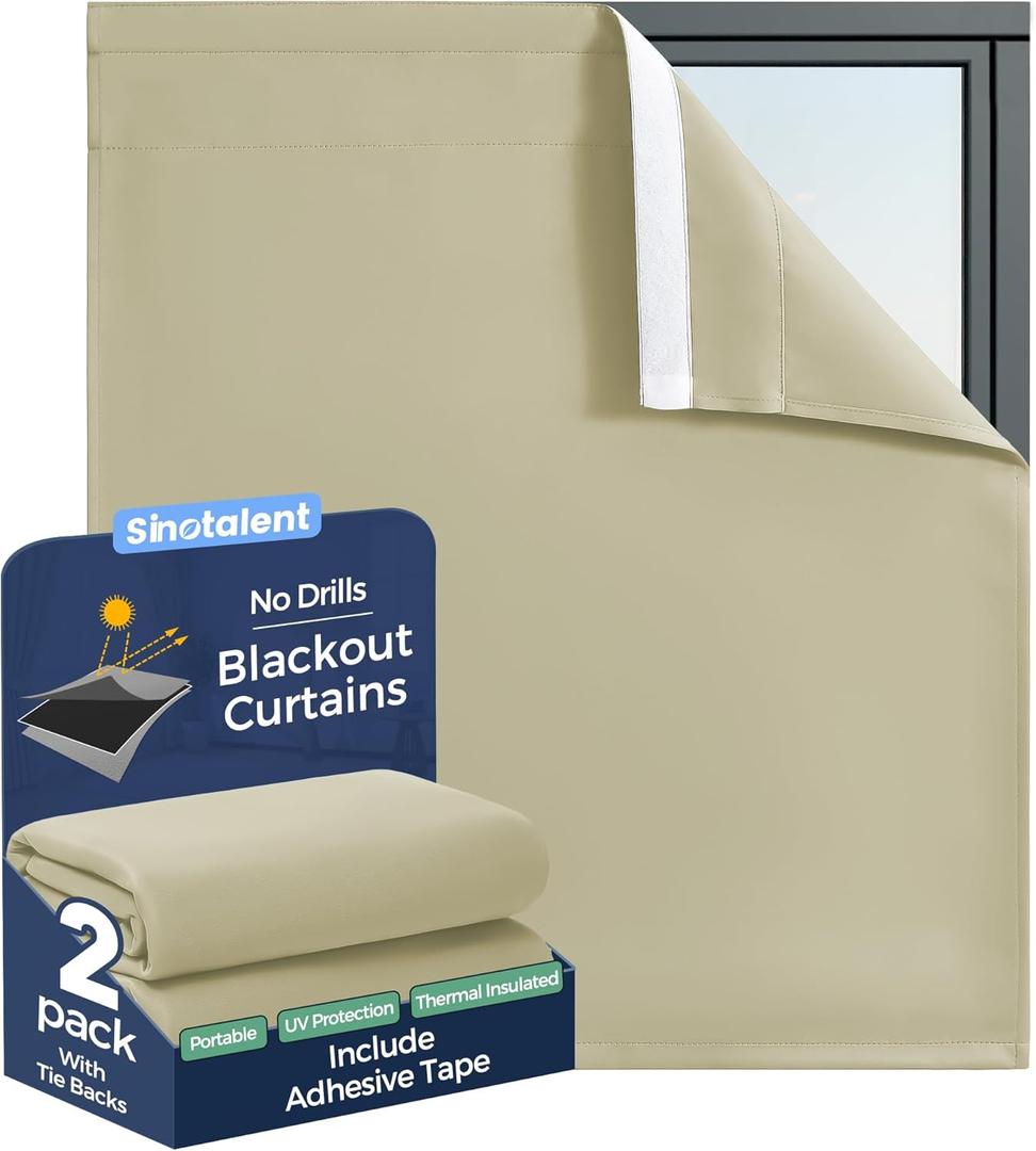 Portable Blackout Curtain No Drill Blinds, Easy Install Blackout Window Cover Bathroom Curtains, Light Blocking Window Curtain Panels Pack of 2pcs. (Beige, 29" W x 30" L)