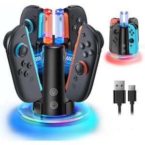 [Switch 2/1 Both] Controller Charger Dock Station, 8 in 1 Dual-Direction Magnetic Vertical Charging Stand for JoyCon 2 Witch Transparent Acrylic Display Base & LED Indicators for Nintendo Switch 2/1 (Clear Clear Stand with RGB light)