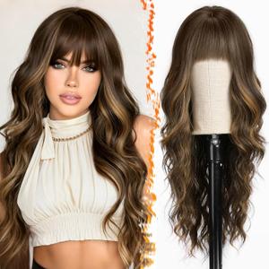 BARSDAR Long Wavy Highlight Wig With Bangs - 26 Inch Long Wavy Brown Mix Blonde Wig with Bangs for Women, Synthetic Balayage Hair Replacement Wigs Natural Looking Daily Cosplay Party Halloween