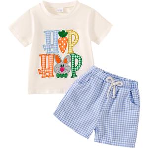 Toddler Baby Boy Easter Outfit Embroidered Bunny/Carrot T-shirt Top+Striped Pants 2PC Clothes (12-18 Months, Blue)