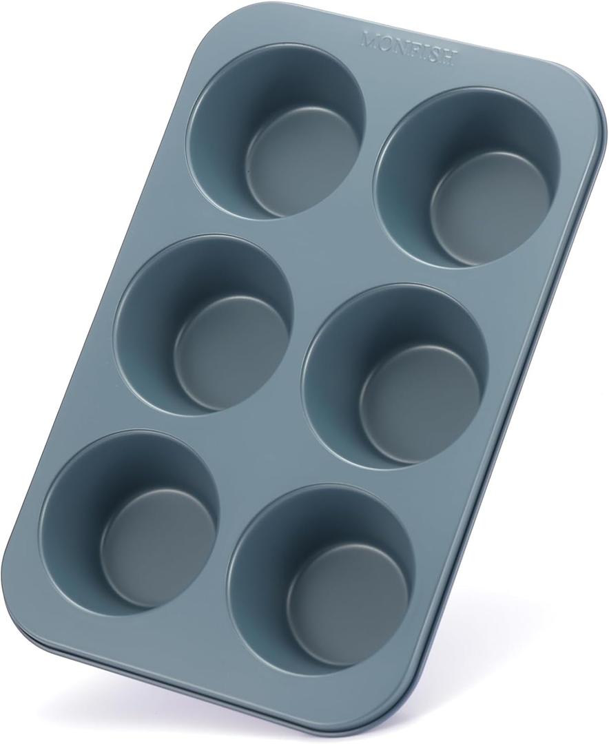 Monfish Muffin Pan 6 Jumbo Cup Carbon Steel Haze Blue non Stick Coating Muffin cupcake Tin 3.5inch cup Roy blue