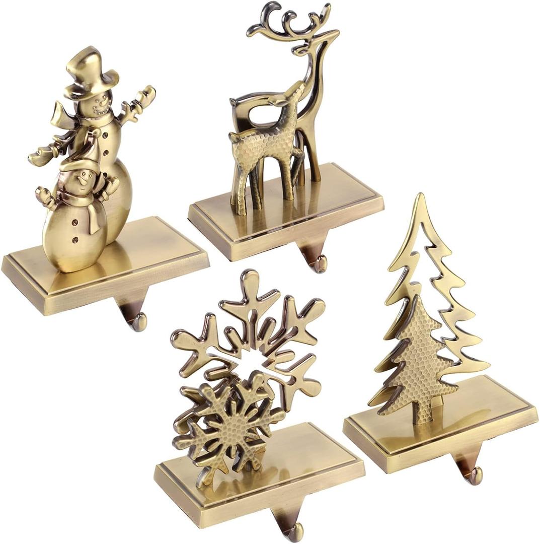 Christmas Stocking Holders for Mantle Christmas Stocking Hangers for Fireplace Anti-Slip Mantel Hanger Hooks for Stocking Hanging Ornament Firepiece Xmas Decor (Bronze Set)