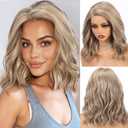 HAIRCUBE Synthetic T Lace Front Wig,Side-Parted Glueless Lace Wigs for Women, 16-Inch Shoulder Length Wavy Style for Daily Wear, Party & Date (Mixed Ash Blonde)