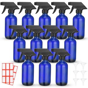 Norme 12 Pcs 8 oz Glass Spray Bottles with Funnels and Labels Refillable Cosmetic Empty Spray Bottles with Sprayer Containers for Essential Oil Cleaning Solutions(Blue,Classic)