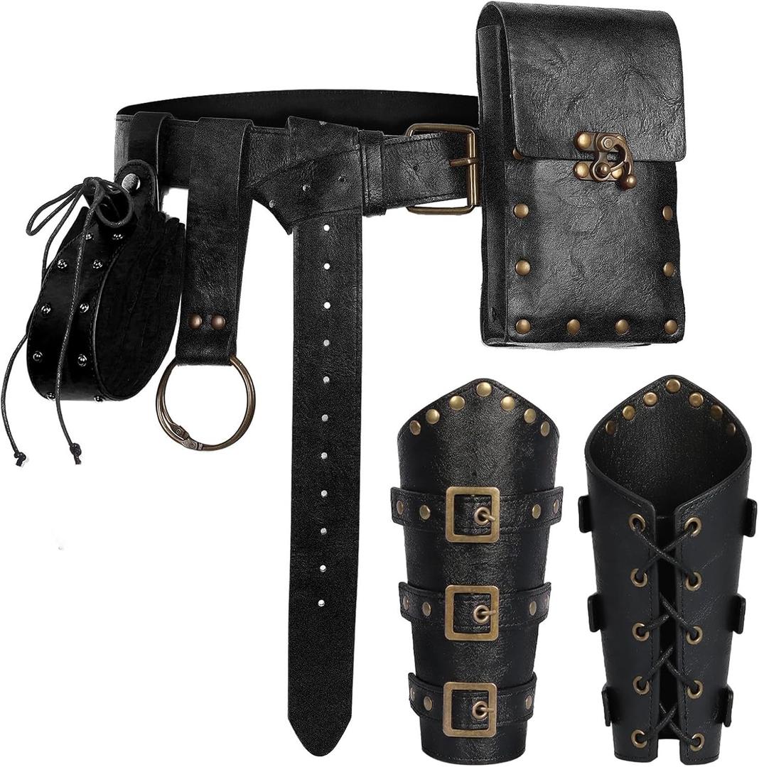 Renaissance Belt Pouch Set Medieval Viking Pirate Leather Belt Pouch & Bracers, Festival Accessories for Halloween (Black)