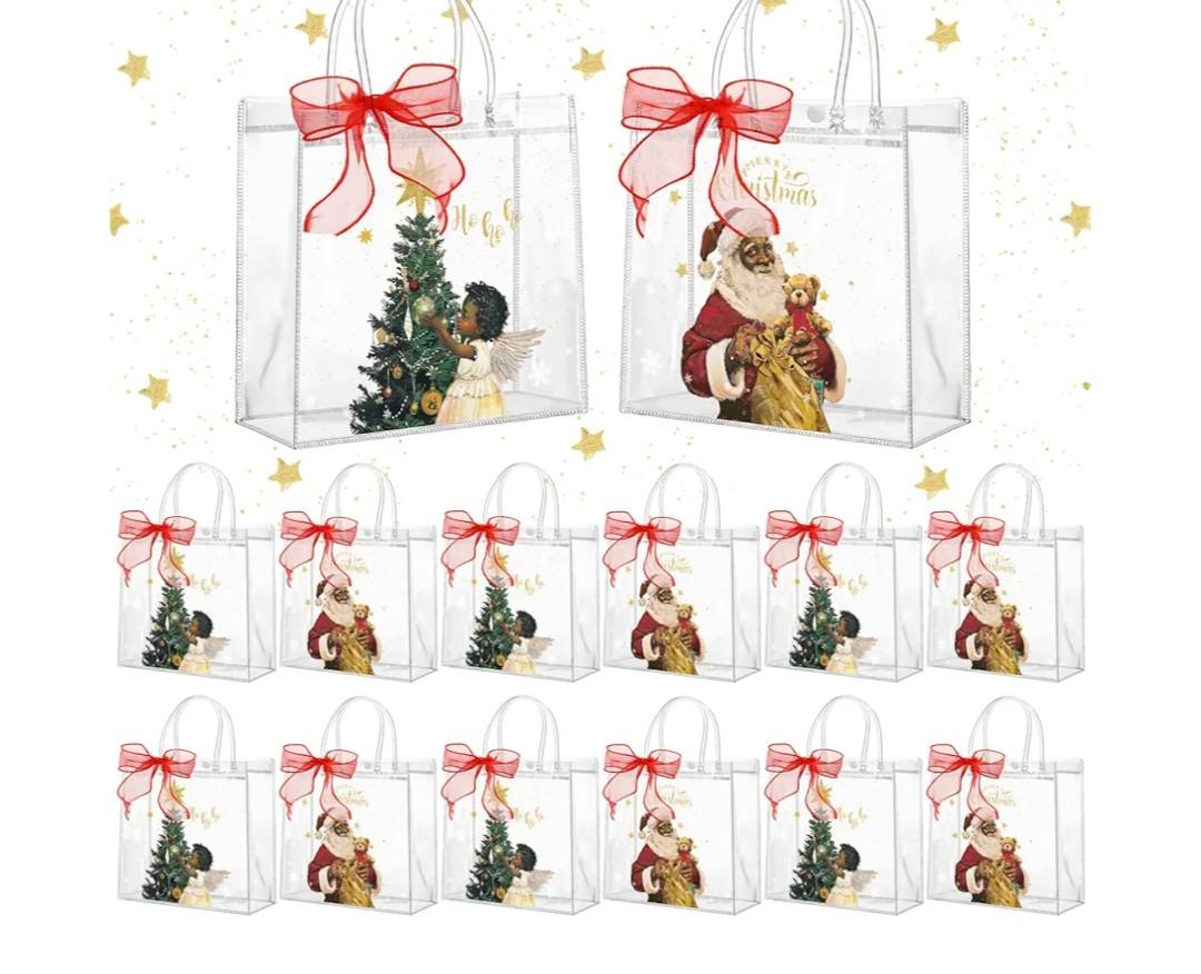 Motipuns 24 Pcs Christmas Clear PVC Gift Bags with Handles and Ribbon African American Black Santa Claus Party Favor Reusable Plastic Candy Treat Tote Bags for Merry New year Xmas Birthday Supplies