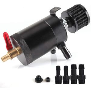 Oil Catch Can Kit with 4 Adapters + Breather Filter Drain Valve Plug 2 Ports (1 oulet + 1 inlet) 150ml Universal Aluminum Baffled Oil Reservoir Tank Oil Separator HTRACING (Red) (black)