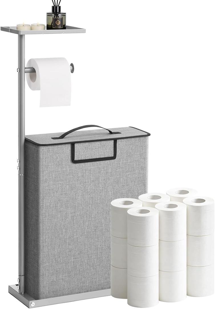 Freestanding Toilet Paper Holder Stand with Shelf for Up to 12 Rolls,Rustproof Metal Bathroom Toilet Paper Storage with Lid, All-in-One Toilet Tissue Roll Dispenser and Organizer,Gray