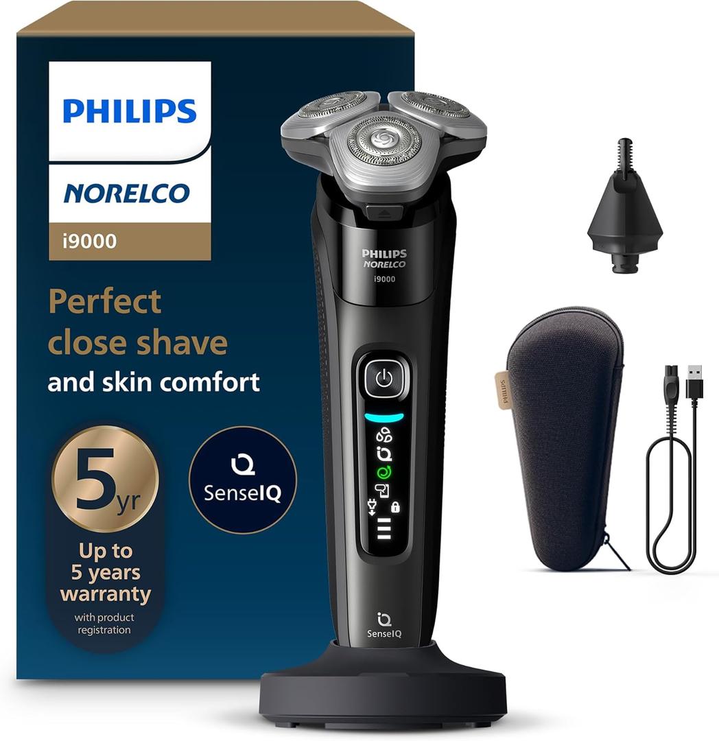 Philips Norelco Shaver i9000, Wet & Dry Electric Shaver, Ink Black, SenseIQ Technology, Triple Lift & Cut System, 360 Rotating Dual SteelPrecision Precision Blades, Nose Trimmer, Model X9000/90