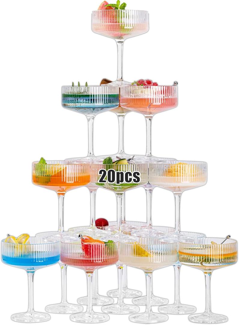 20Pcs Acrylic Martini Glasses, 10oz Shatterproof Plastic Champagne Tower, Unbreakable Ribbed Coupe Glasses, Art Deco Stem Cocktail Glassware Set, Manhattan Goblet for Wedding Birthday Party