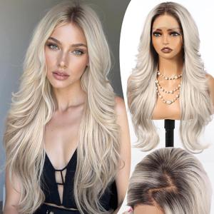 13x4 HD Lace Front Synthetic Wig for Women 26 Inch,Heat Resistant Long Wave Layered, Glueless Lace Front Wigs, Easy to Wear & StylePlatinum Blonde with Dark Roots