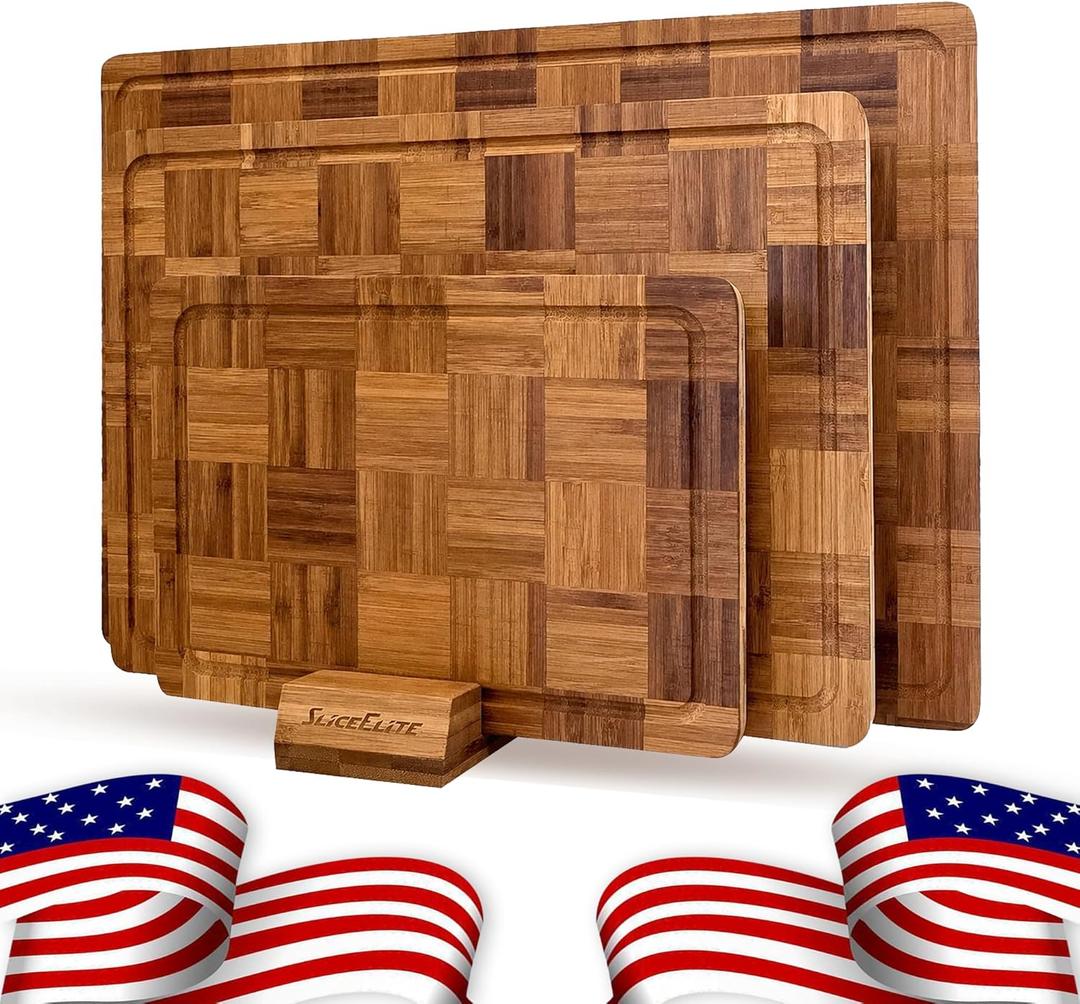 SliceElite Extra Large Bamboo Cutting Board Set 3 Piece End Grain Wooden Chopping Boards with Holder Non Slip Feet Juice Groove XL Butcher Block Style Boards for Kitchen Carving and Serving