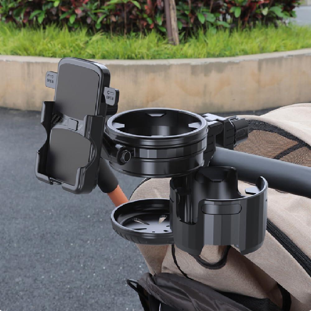 3-in-1 Stroller Cup Phone Holder, Multifunctional Stroller Cup Holder Attachment with 360 Adjustable Phone Mount, Cup Holder for Walker, Wheelchair, Strollers, Anti-Slip & Easy Install