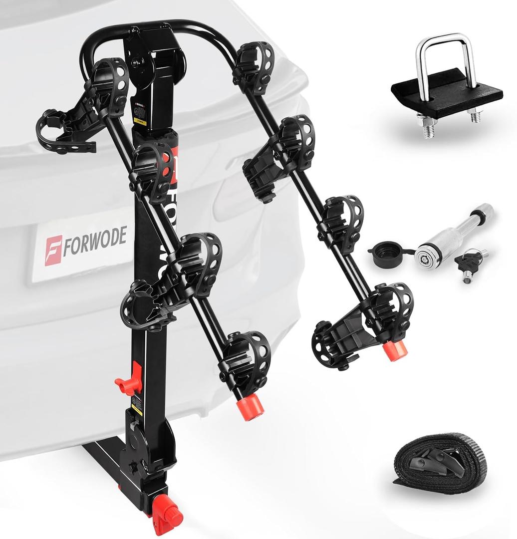 Forwode 4 Bike Hitch Mount Rack, Tiltable Foldable Bicycle Carrier Wobble Free Locking Hitch Quick Release 2-Inch Receiver Black (C-Upgraded version, 4Bike)