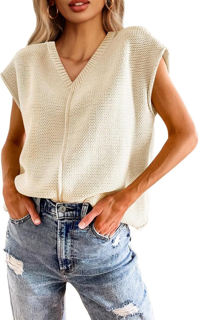 Saodimallsu Women's V Neck Cap Sleeve Lightweight Knit Sweater Top (Beige, S)