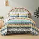 Boho Style King Quilt Set Yellow Bohemian Floral Strip Quilt Beddding Set, Soft and Lightweight Bedspread for All Season, Oversize King Bed Coverlet with 2 Matching Pillow Shams (3 Pieces)