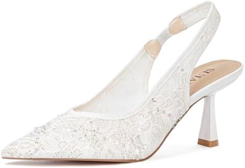 SUIARA Slingback Wedding Heels for Women Bridal Lace Mesh Kitten Heel Closed Pointed Toe Pearl Pumps Shoes 9